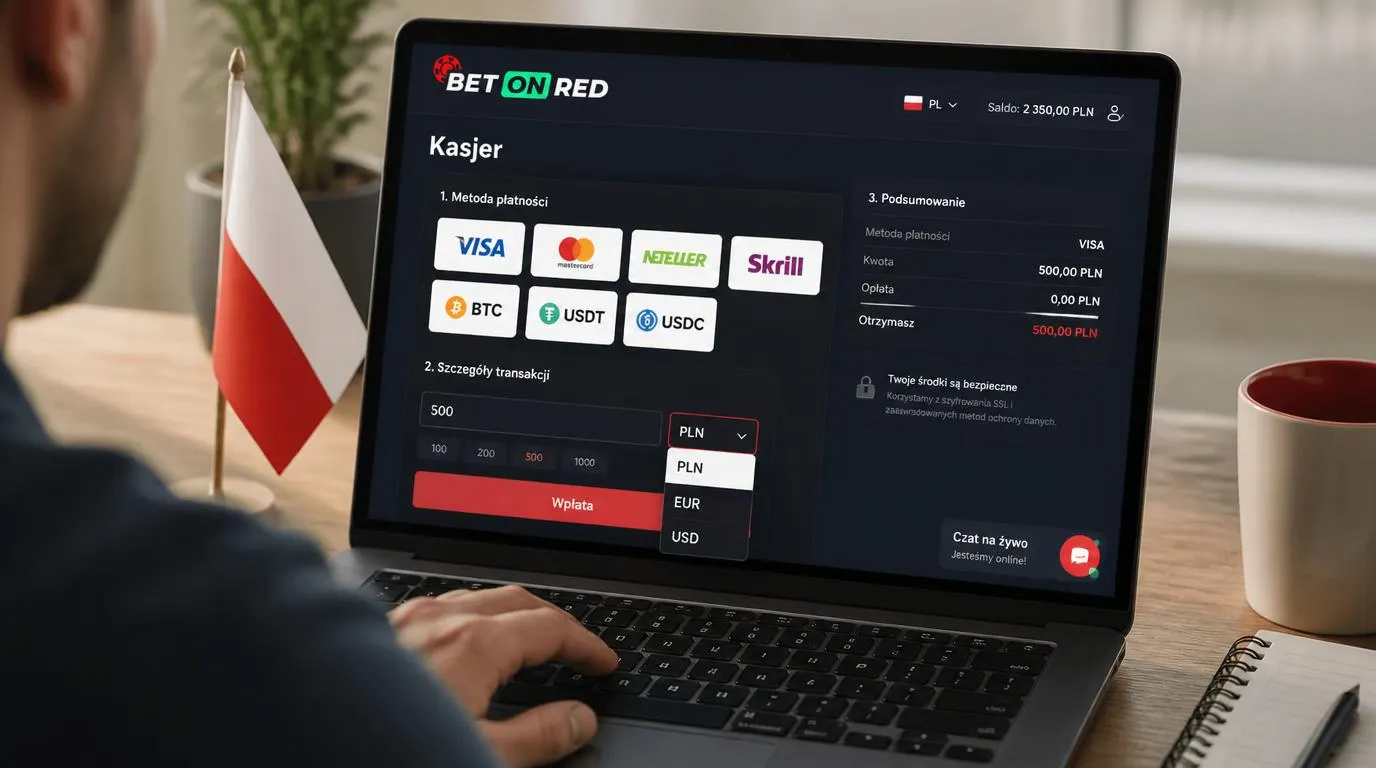 Widok kasy kasyna z wyborem PLN, kart, portfeli elektronicznych i czatem na żywo