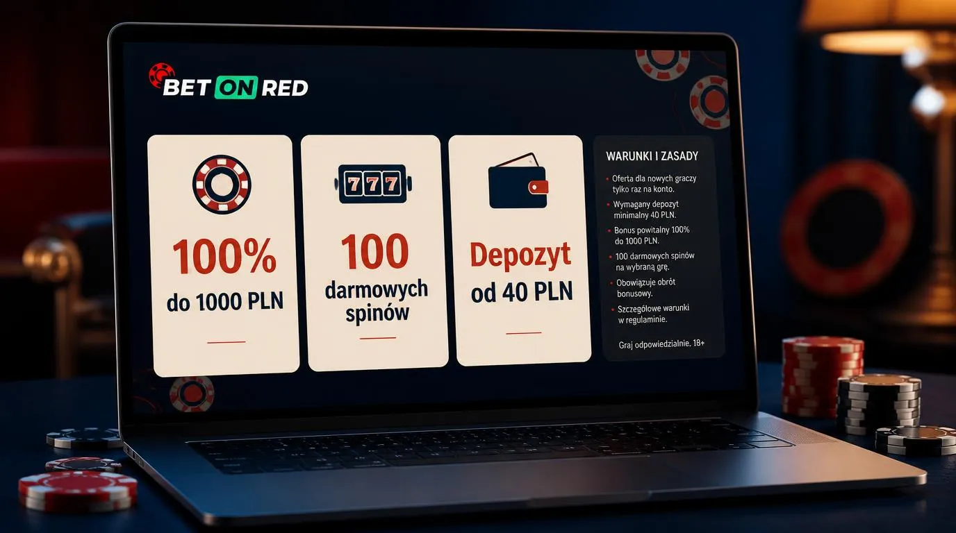Ekran promocji kasyna z bonusem 100% do 1000 PLN, 100 darmowymi spinami i minimalnym depozytem 40 PLN