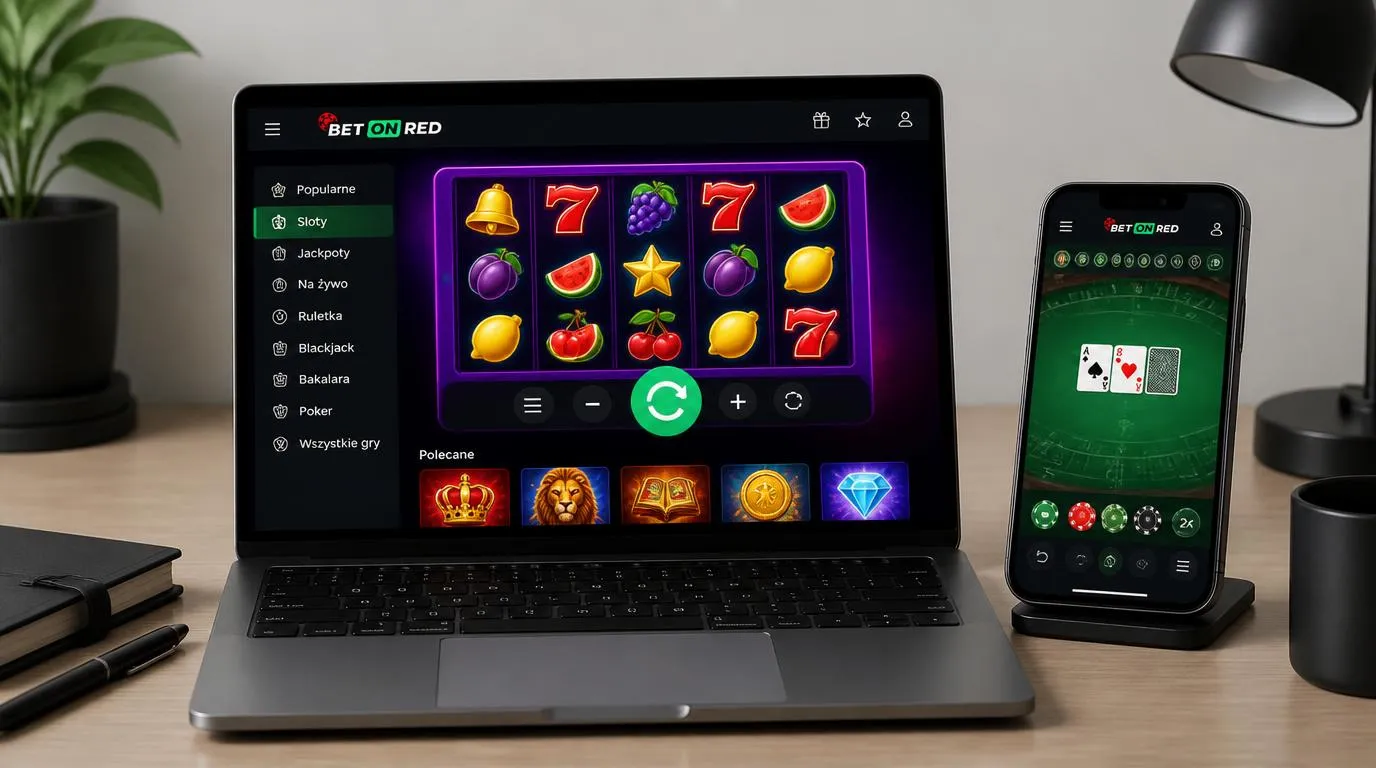 Automat i gra stołowa otwarte w przeglądarce na laptopie oraz telefonie